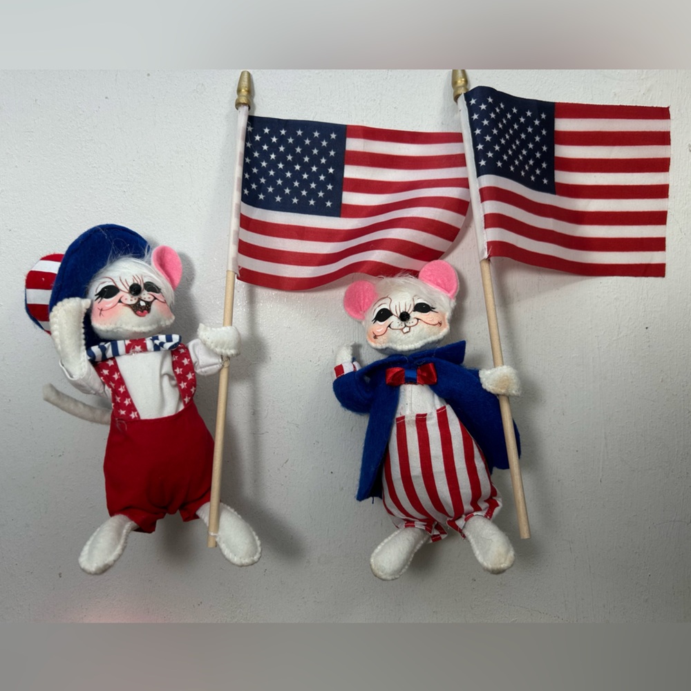 Annalee Doll Patriotic Mouse Figurines American Flags 2016 4th of July Lot Two